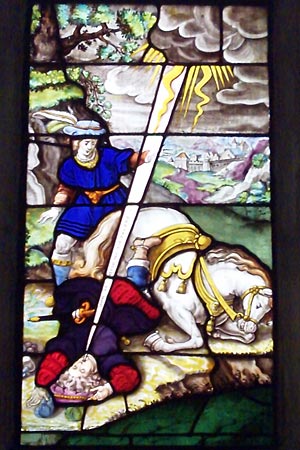 Stained glass, in the cloister at Park Abbey. The moment is depicted when Norbert is converted.